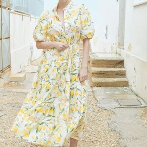 NWT H&M Cotton Maxi Dress w/ Balloon Sleeves White/lemons 1275645003 XS S M L XL